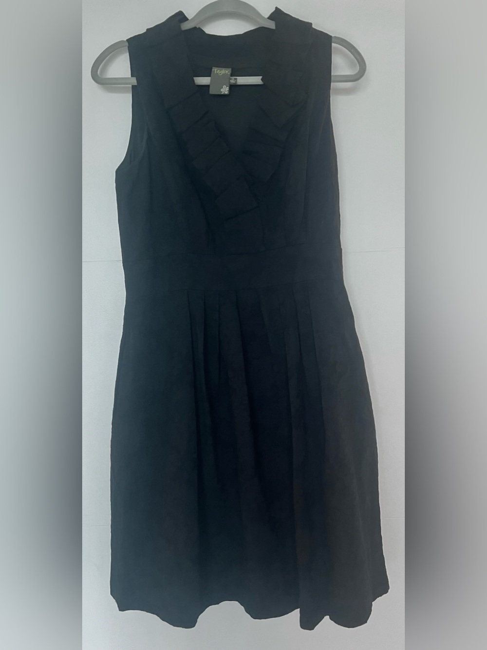 Taylor Black Ruffle Bib Pleated A-Line Dress Size 10 Sleeveless Cocktail LBD